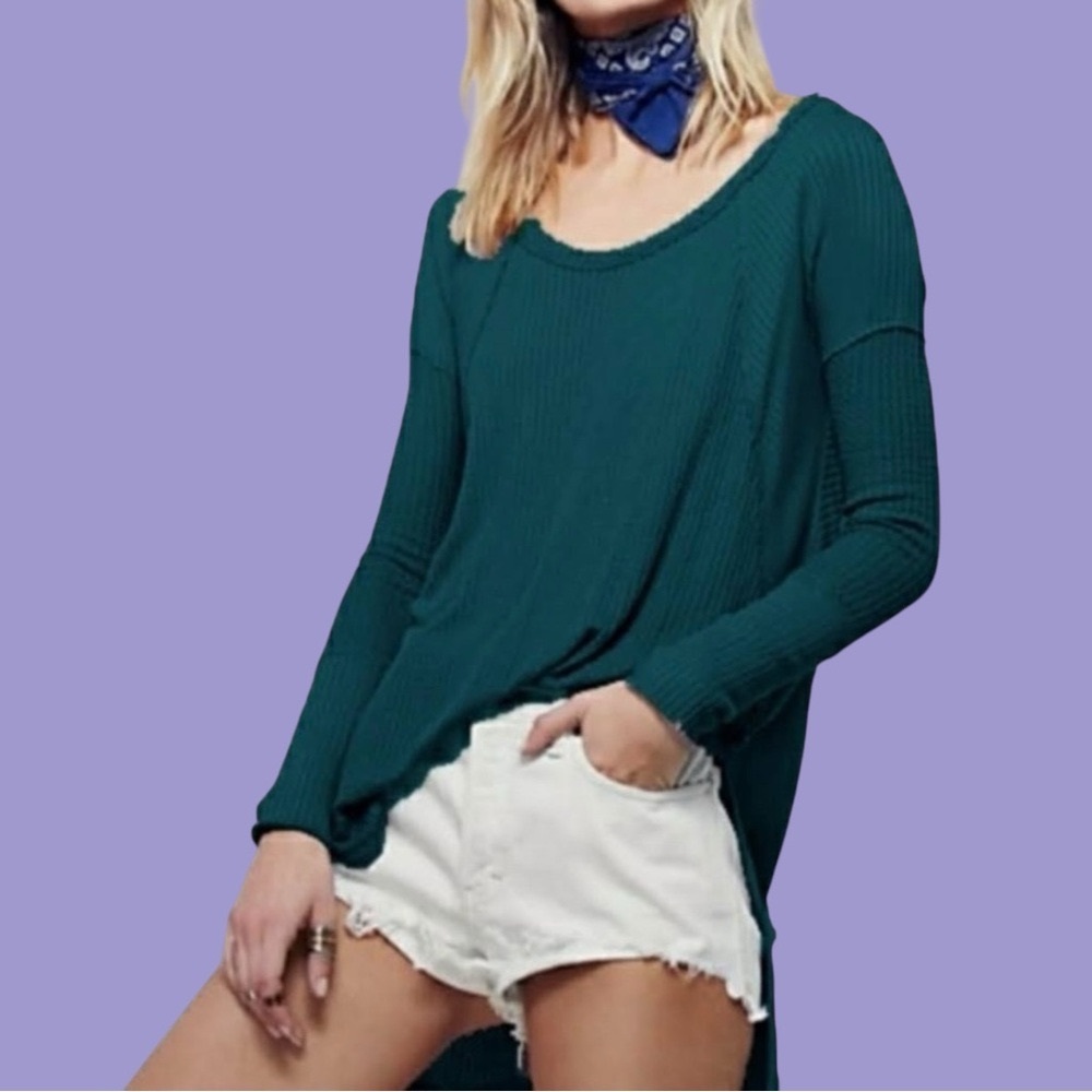 Free People Ventura Waffle Knit Thermal Top Scoop Neck Waterfall High Low XS